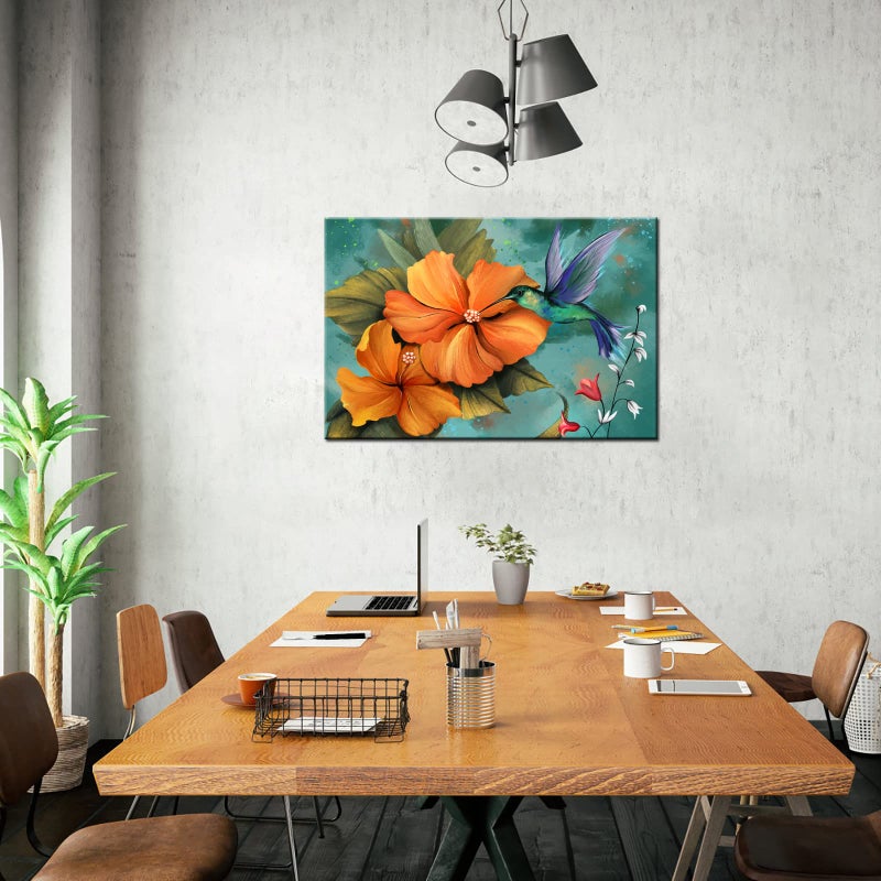 LevvArts Burn Orange and Teal Wall Art Decor Hummingbird Painting Prints Hawaii Hibiscus Flower Canvas Picture Vintage Living Room Bedroom Decorations 24x36 - Image 2